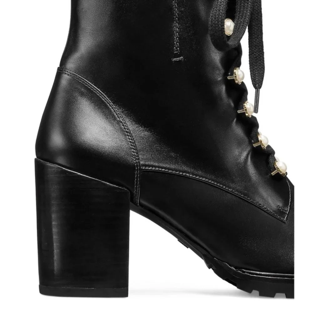 NWOB Stuart Weitzman Ivey Black Leather Pearl Mid Calf Boots